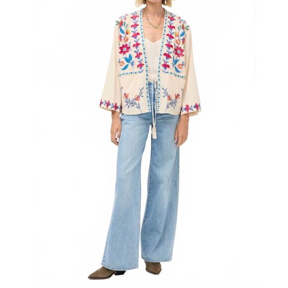 NEW JOHNNY WAS elizabeth front tie patchwork kimono in ecru - Picture 3 of 6